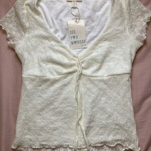 See You Monday Cream Cap Sleeve Tie Front Blouse